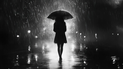 A silhouette of a woman with an umbrella walking through heavy rain at night under streetlights in a bustling city