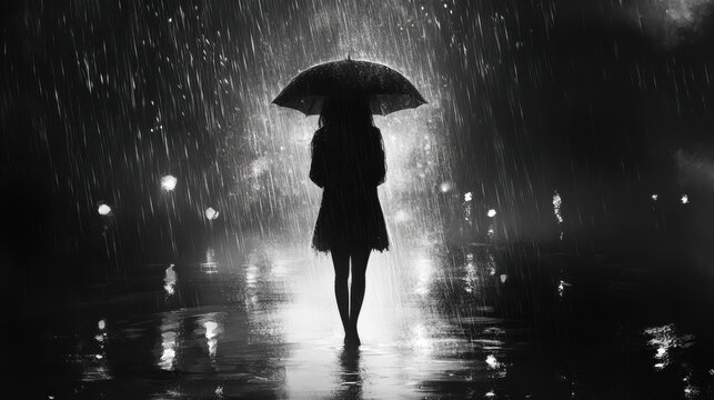 A silhouette of a woman with an umbrella walking through heavy rain at night under streetlights in a bustling city - Powered by Adobe