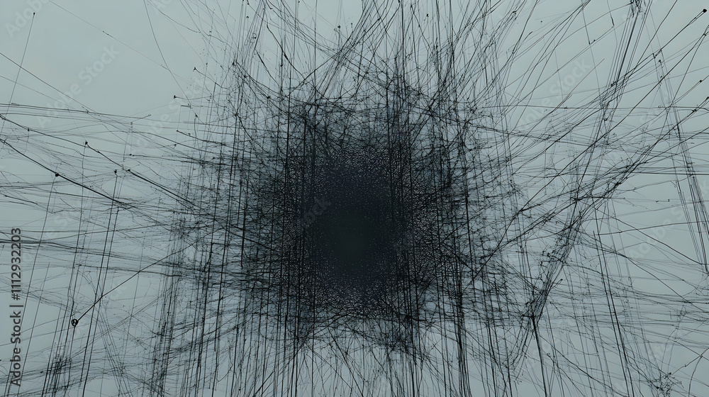 Poster abstract image of complex intersecting lines resembling a network or web, creating a dense, intricat