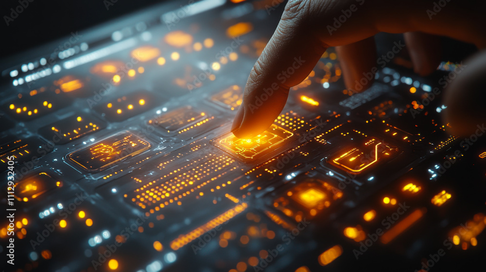 Poster a hand interacts with a glowing digital interface filled with intricate patterns and bright orange l