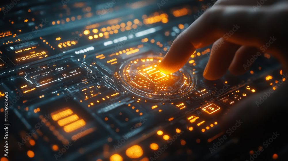 Poster a hand interacts with a glowing digital interface filled with intricate patterns and bright orange l