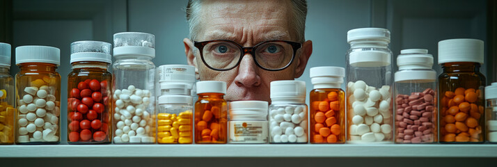 Individual with glasses inspects a collection of colorful pill bottles lined up neatly on a shelf in a well-lit indoor space
