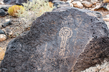 An ancient petroglyph carved into volcanic rock at Petroglyph National Monument, Albuquerque, New Mexico.

