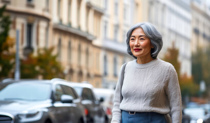 Fototapeta premium A mature asian woman is walking down a street