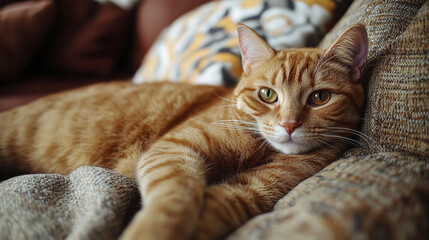 A ginger cat relaxes on a cozy couch, resting on a soft blanket, enjoying a peaceful afternoon in a comfortable living space