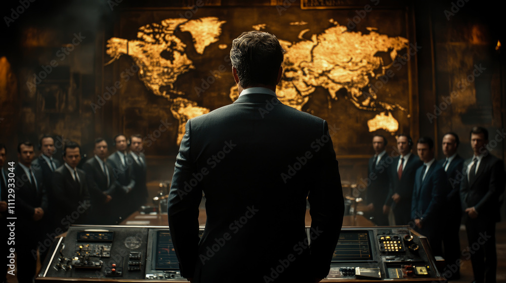 Poster a group of professionals in formal suits stands in a dimly lit room, focusing on a leader at a contr
