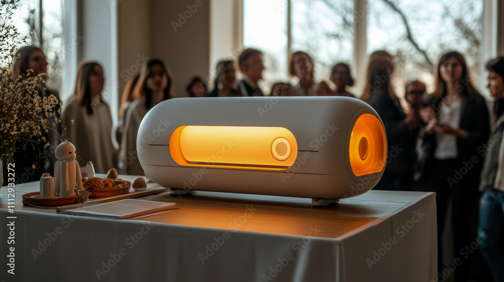Aufkleber a sleek product is highlighted on a table while an engaged crowd observes in a contemporary setting 