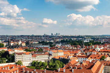 A breathtaking view of Prague’s red rooftops, bridges, and skyline from Prague Castle.

