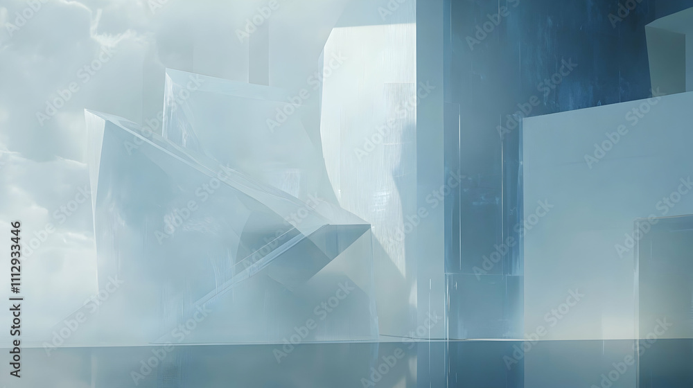 Poster abstract architectural rendering featuring translucent geometric forms, evoking a futuristic or ethe