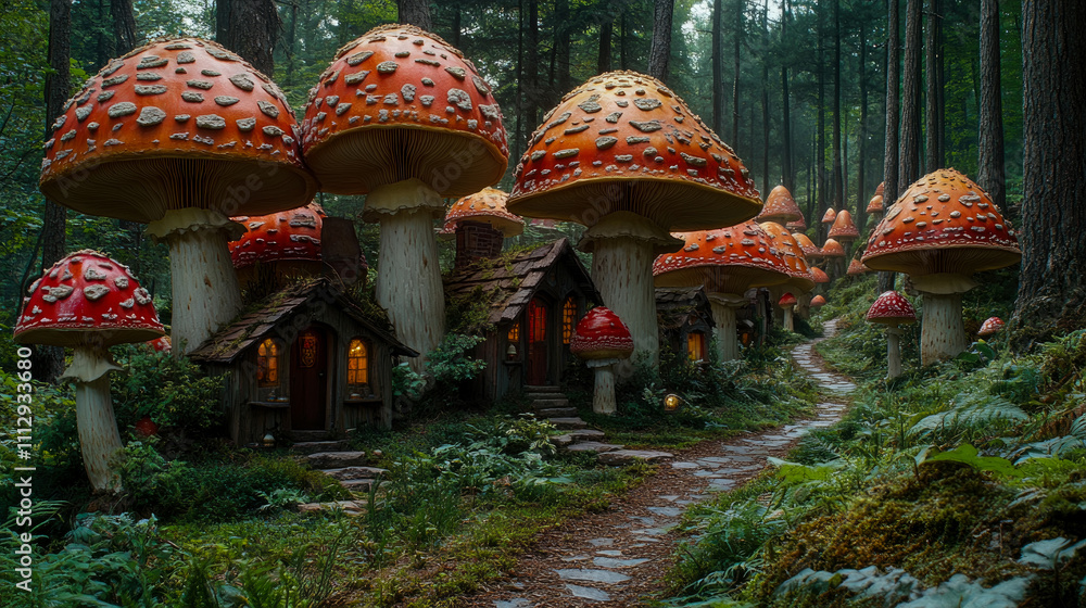 Poster a forest pathway meanders through towering trees, lined with giant red mushrooms and quaint cottages