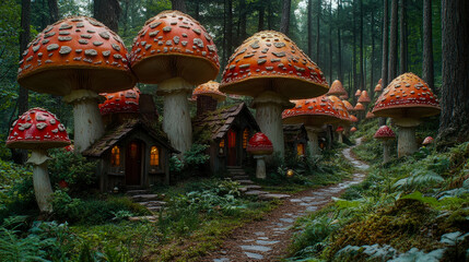 Obraz premium A forest pathway meanders through towering trees, lined with giant red mushrooms and quaint cottages, creating an enchanting atmosphere at dusk
