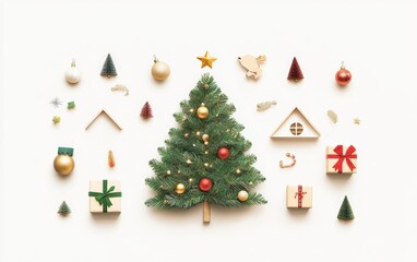Christmas tree with decorations, ornaments, gifts, toys and lights on white background