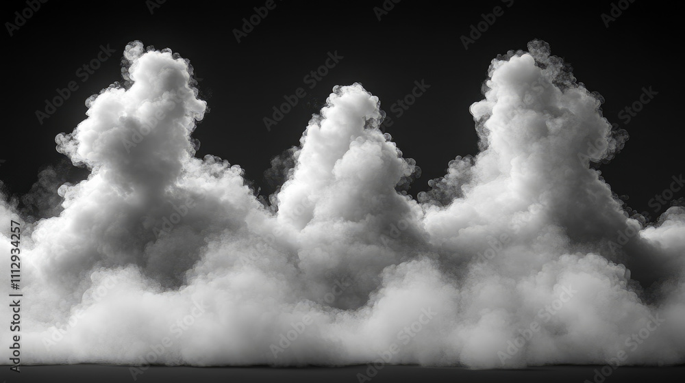 Poster Dense white clouds rise to form abstract shapes, creating a striking contrast with a dark backdrop, evoking a sense of mystery and depth