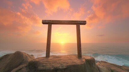 Serene Coastal Sunset View Through a Wooden Torii Gate Structure