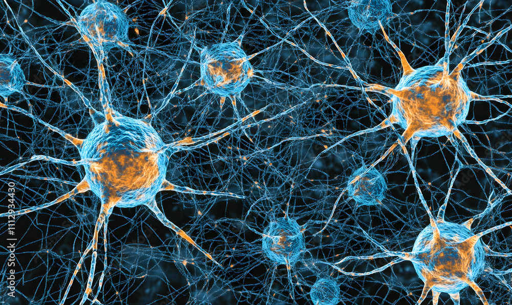 Poster microscopic view of intricate neural network; complex interconnected neurons firing signals. abstrac