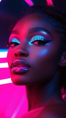 Black woman neon pink lighting, emphasizing the futuristic makeup style and the striking expressions of the model