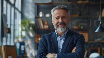 Fototapeta premium A smiling, mature man with graying hair and beard, wearing a navy blazer and light blue shirt, stands with arms crossed in a blurred office background.