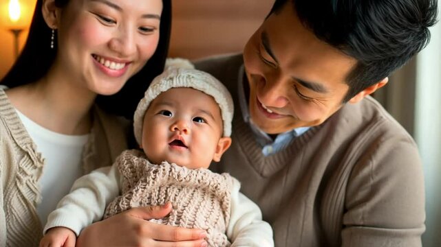 An Asian family shares a joyful moment, holding their baby in a warm home setting. Concept of love and togetherness in family life.