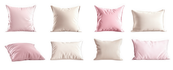 eight assorted pillows in pink and beige isolated on transparent background the pillows are in various sizes and shapes. some have a striped pattern. some are solid colored. and others have a smooth s