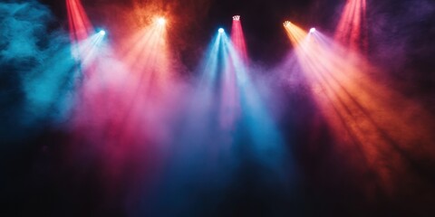 Swirling colorful smoke radiating on an arena stage, surrounded by beams of light cutting through...