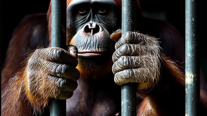 A caged orangutan grips bars tightly, symbolizing the impact of illegal capture and trade. Concept of global action and responsibility toward wildlife protection.