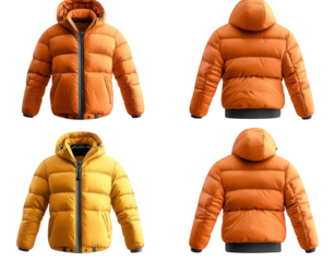 two different color puffer jackets one is a bright orange color. the other is a yellow color both have a hood and zipper closure