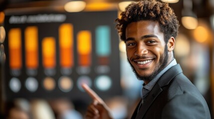 A man in a suit points at a colorful bar graph during a business conference, showcasing impressive data trends to the audience in an office setting