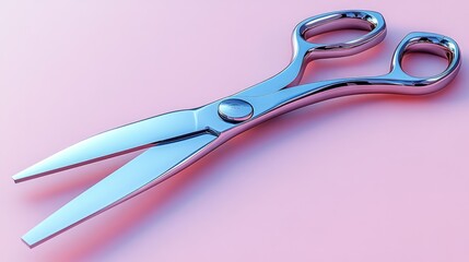 Close-up of shiny, metallic scissors on a pink background.