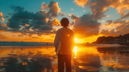 Fototapeta premium Surfer silhouetted against vibrant sunset ocean backdrop.