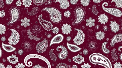 Seamless bright paisley pattern, with various white patterns and flowers on a burgundy background. The paisley patterns are detailed with fine lines and dots, a sense of texture and depth.