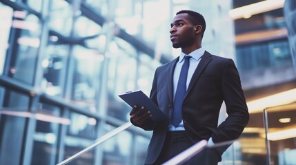 A young African American businessman in a suit looks thoughtfully toward the future, holding a clipboard in a modern city setting.