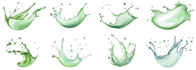 set of eight green water splashes isolated on white background