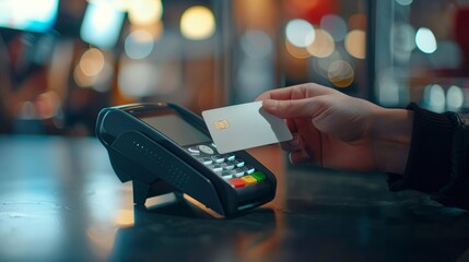 A hand holds a credit card near a POS terminal for a contactless payment. The scene is set at night with a blurred background of lights.
