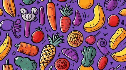 Vibrant Colorful Fruit and Vegetable Doodle Pattern Design