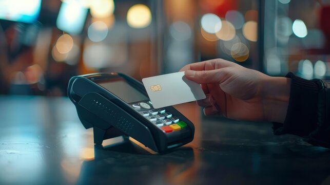 A hand holds a credit card near a POS terminal for a contactless payment. The scene is set at night with a blurred background of lights. - Powered by Adobe