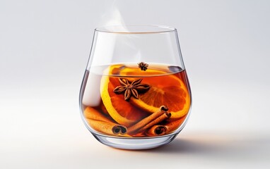 Glass of Mulled Wine A glass of steaming mulled wine with orange slices, cinnamon sticks, and cloves floating inside, with a hint of steam rising, on a white background.