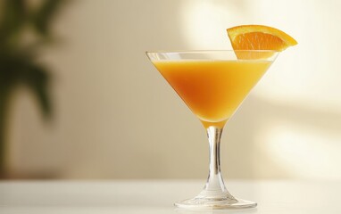 Glass of Orange Juice A glass of freshly squeezed orange juice with pulp visible, topped with a small orange wedge on the rim, on a clean white background.