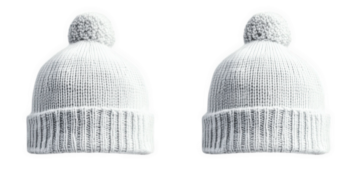 two white knit hats with pom-poms. one facing forward and the other facing backward. on a transparent background