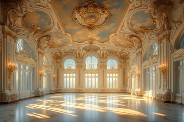 Elegant Ballroom with Ornate Gold Details and Sunlight
