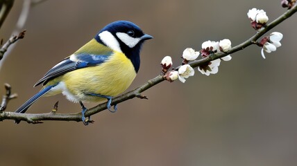 Fototapeta premium Bird perched on a plum blossom branch, captured in high-definition with perfect details and rich, vibrant scenes.