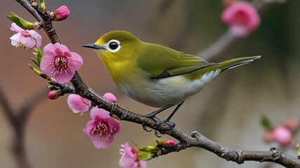 Bird perched on a plum blossom branch, captured in high-definition with perfect details and rich, vibrant scenes.