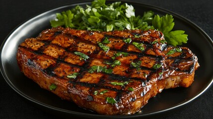 A grilled steak garnished with herbs on a black plate.