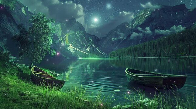 Wooden boat floating on calm night lake with mountain silhouette under starry sky
Seamless looping 4k time-lapse virtual video animation Generated AI