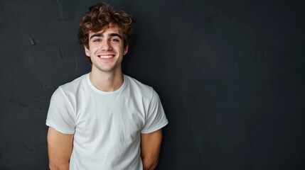 A happy young man with curly brown hair smiles at the camera. Hes wearing a plain white t-shirt against a dark textured backdrop. Studio portrait.