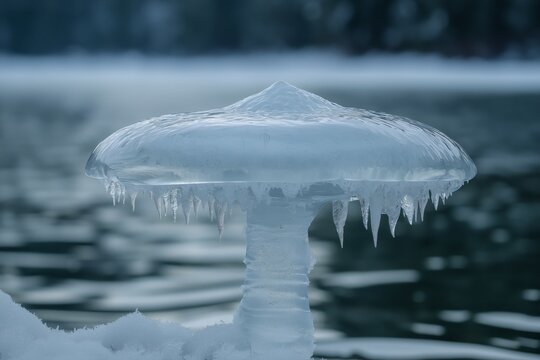 Unique mushroom ice formation captured in a wintry landscape by a frozen lake