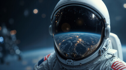 Astronaut helmet and space station over Earth