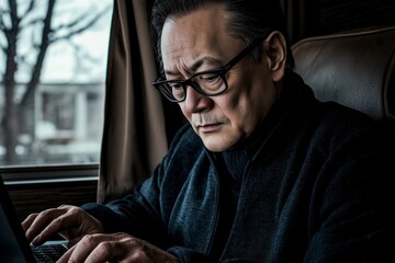 Obraz premium Businessman focused on productive work session in premium cabin during travel