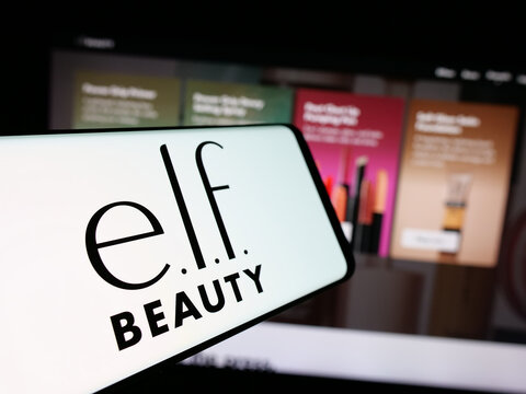 Stuttgart, Germany - 11-06-2024: Smartphone with logo of American cosmetics company e.l.f. Beauty Inc. on screen in front of business website. Focus on center of phone display.