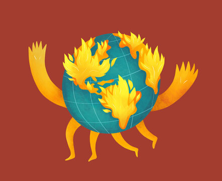 Creative illustration showing a burning Earth against a red background