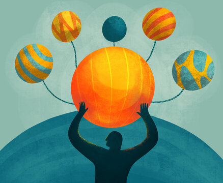 A person juggles colorful spheres on a pastel backdrop